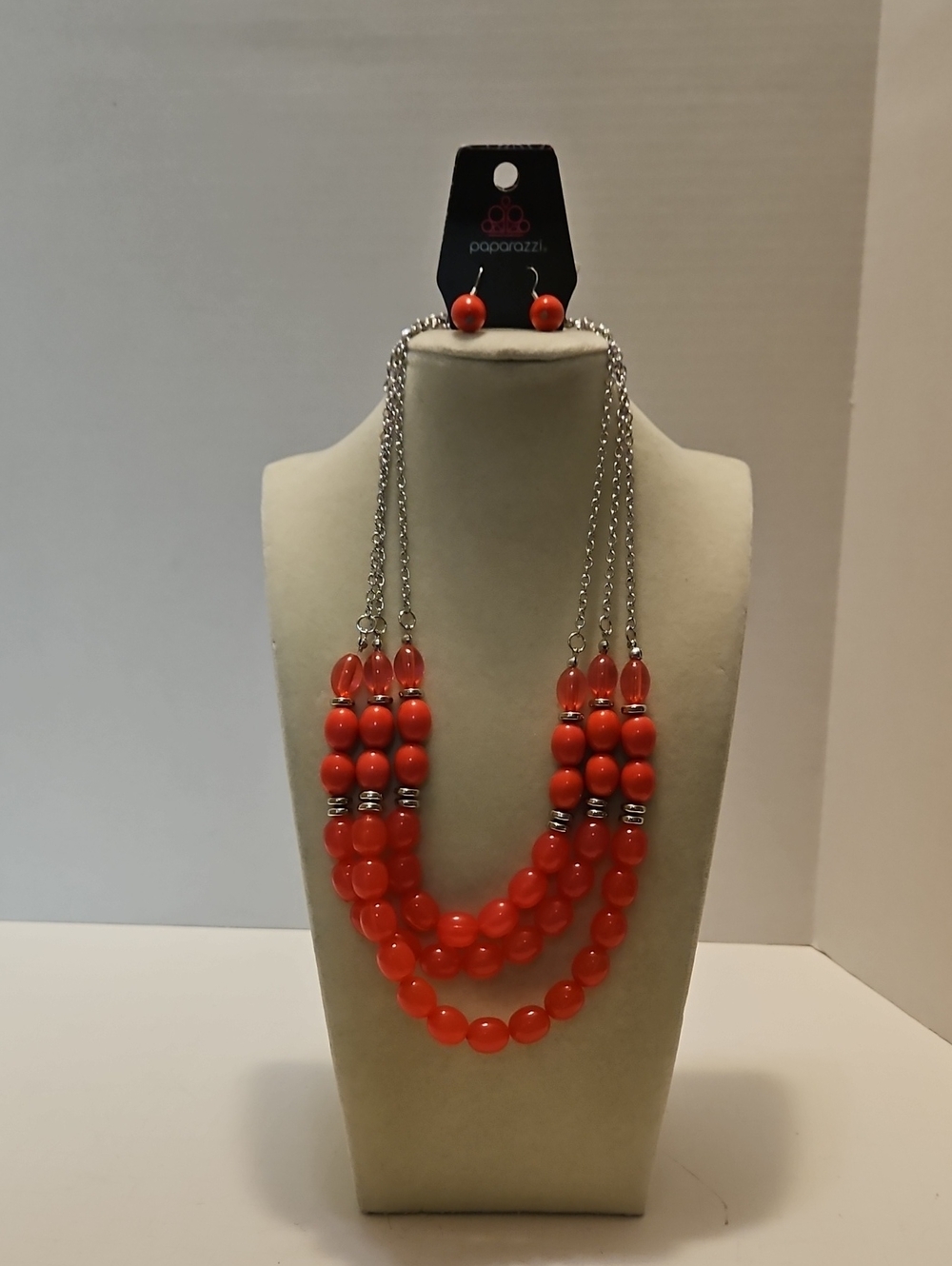 paparazzi Coral Red Three-Strand Beaded Necklace with Stud Earrings